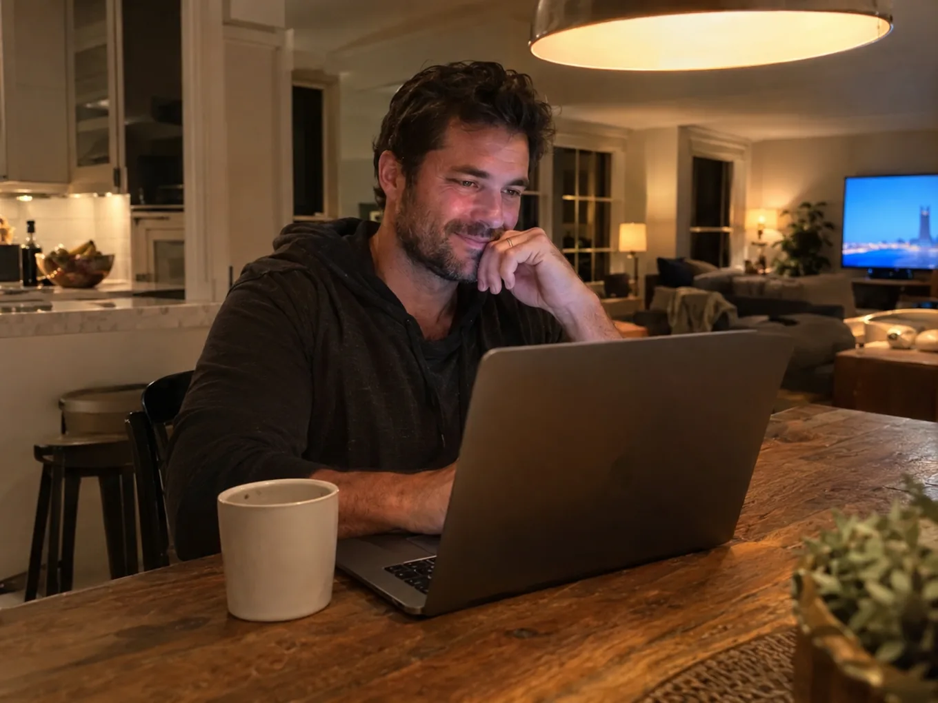 Man at his kitchen table at night smiling at his laptop